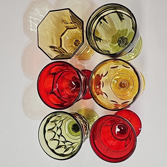 S/6 Vintage Retro Merry Mixture Jewel Tone Red Green Gold Glass Water Goblets - Picture 11 of 16